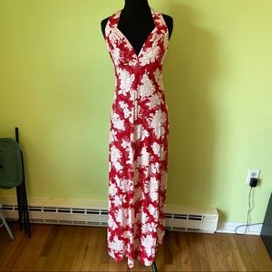 VINTAGE 70s RED AND WHITE FLORAL GRAPHIC PRINT MAXI DRESS SIZE SMALL BEAUTIFUL